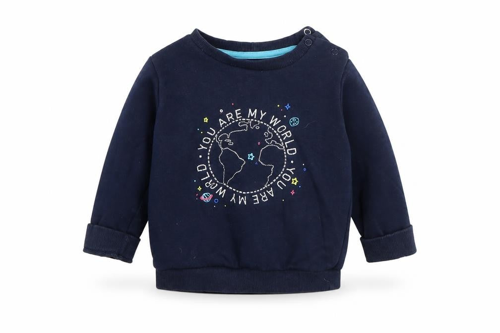 Front view of F&F boys’ blue cotton jumper, size 12-18, months