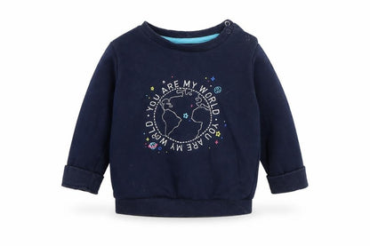 Front view of F&F boys’ blue cotton jumper, size 12-18, months