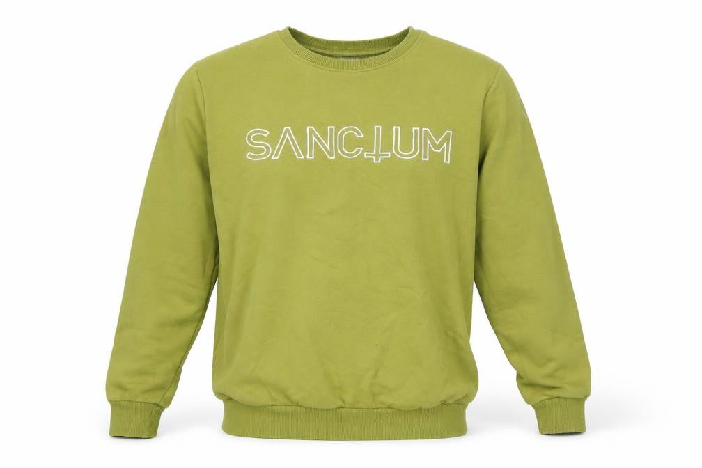 Front view of Sanctum men’s green cotton pullover sweatshirt, size S