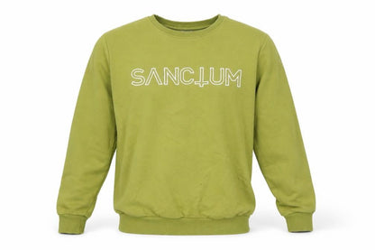 Front view of Sanctum men’s green cotton pullover sweatshirt, size S