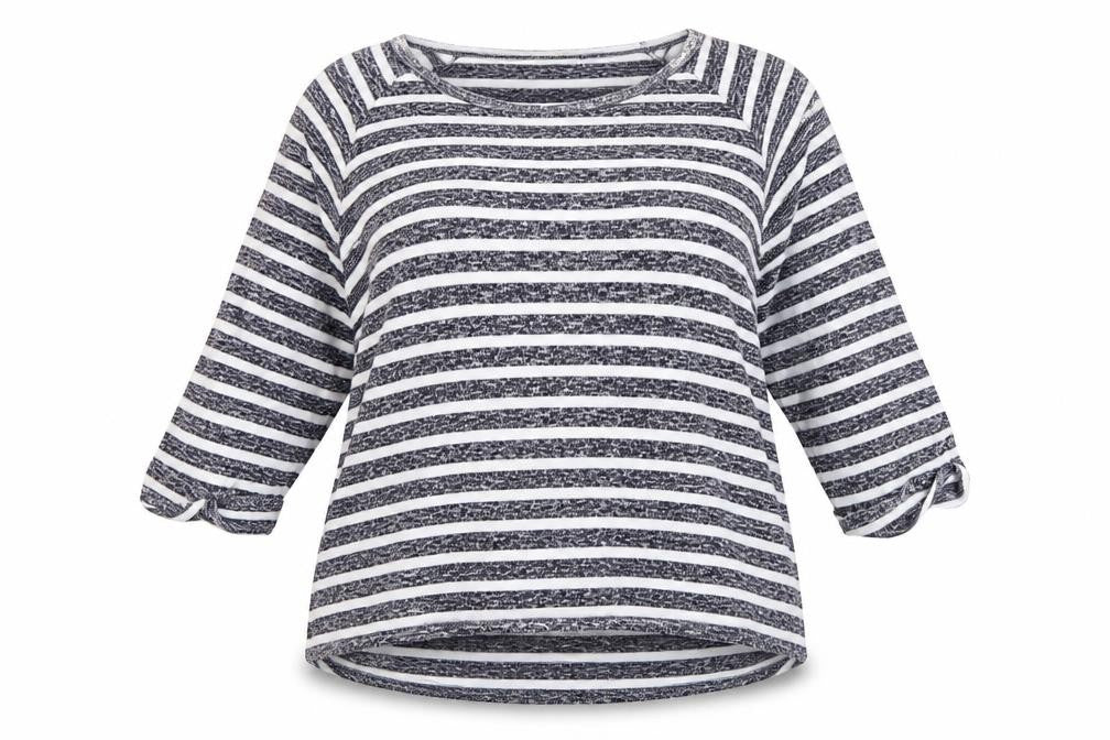 Front view of Tue women’s blue round neck striped viscose jumper, size UK 18