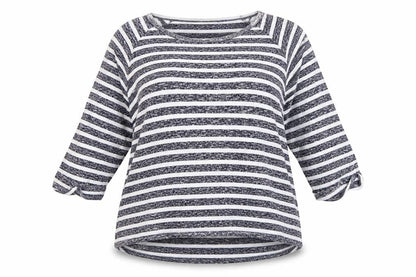 Front view of Tue women’s blue round neck striped viscose jumper, size UK 18