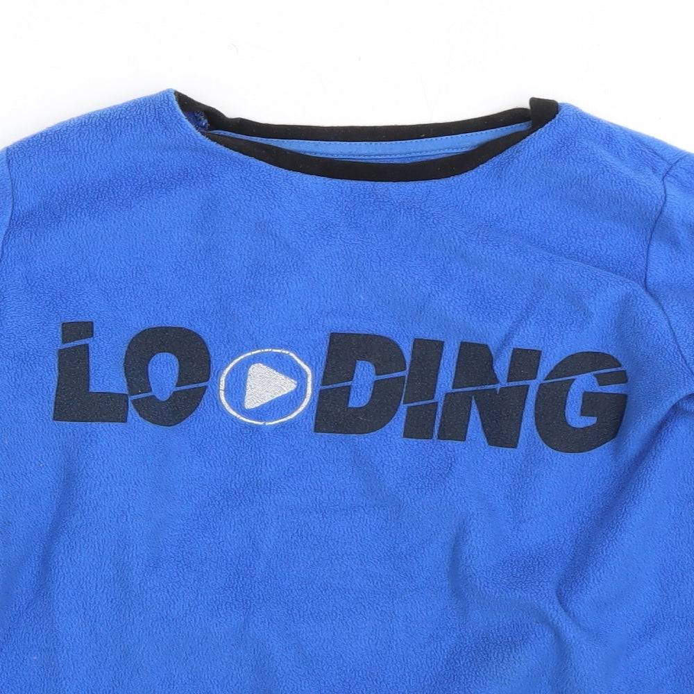 Close-up detail of Preworn boys’ blue round neck polyester jumper, size 13, years