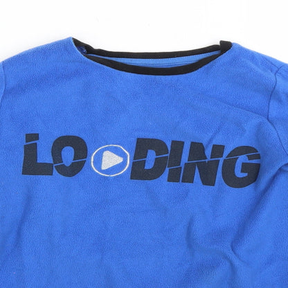 Close-up detail of Preworn boys’ blue round neck polyester jumper, size 13, years
