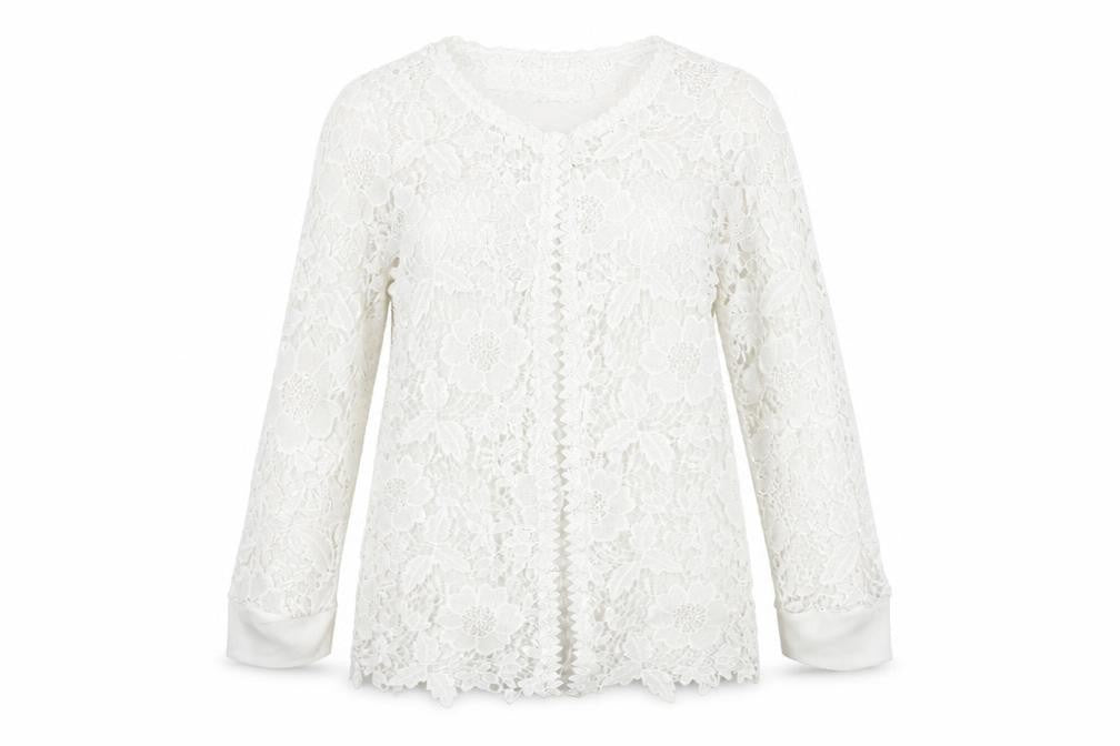 Front view of Quiz women’s white round neck floral polyester cardigan jumper, size UK 8