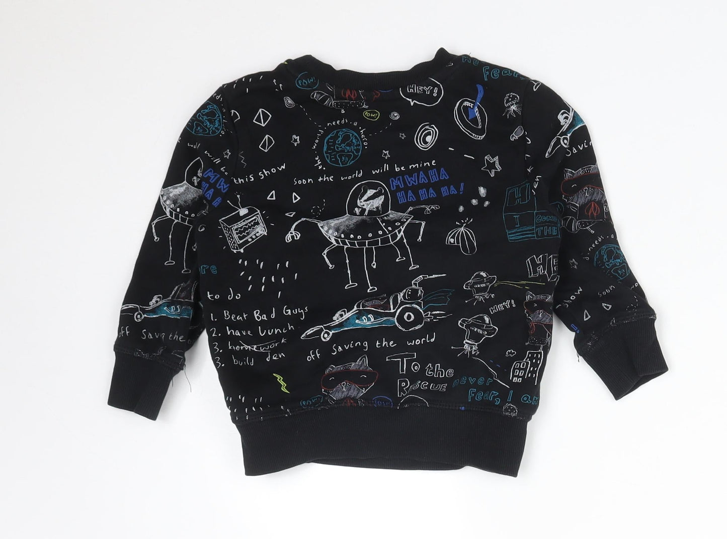 George Boys Black Geometric Cotton Basic T-Shirt Size 12-18 Months Crew Neck  - TO THE RESCUE. OFF SAVING THE WORLD