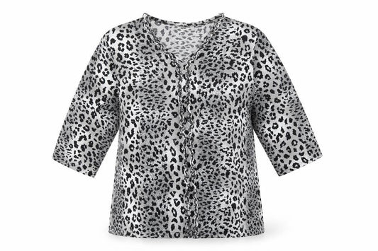 Front view of CANDA women’s multicoloured animal print basic t-shirt, size XL, v-neck