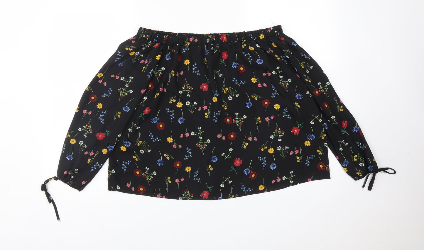 Papaya Womens Black Floral Polyester Basic T-Shirt Size 12 Off the Shoulder