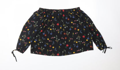 Papaya Womens Black Floral Polyester Basic T-Shirt Size 12 Off the Shoulder