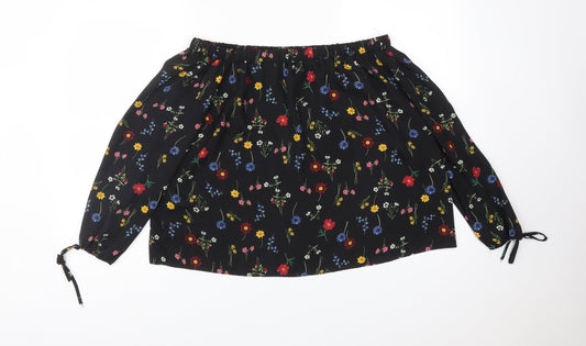 Papaya Womens Black Floral Polyester Basic T-Shirt Size 12 Off the Shoulder