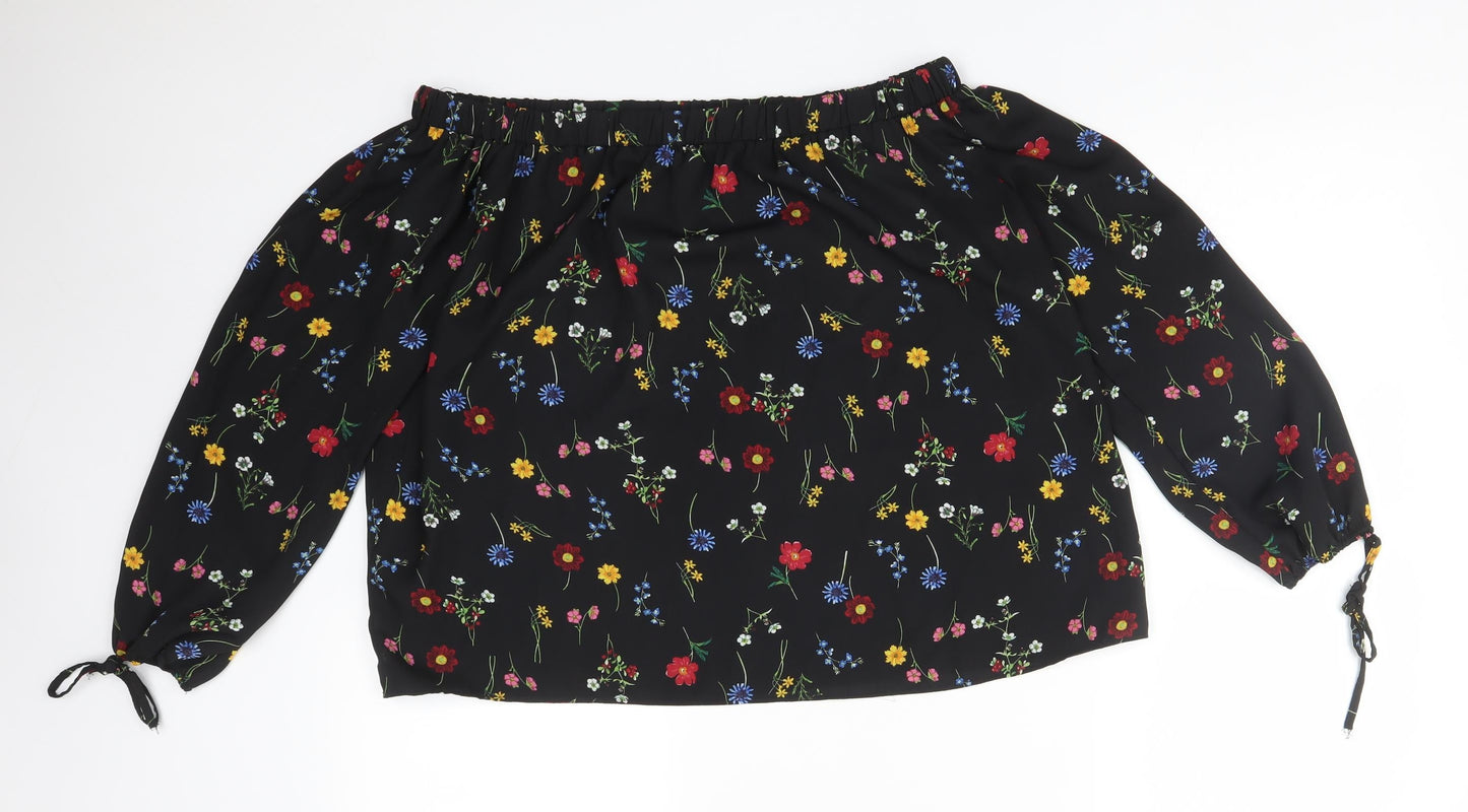 Papaya Womens Black Floral Polyester Basic T-Shirt Size 12 Off the Shoulder