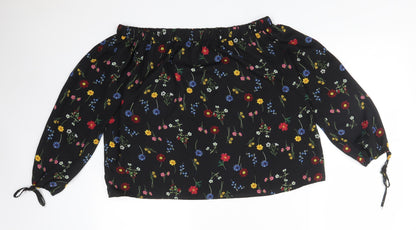 Papaya Womens Black Floral Polyester Basic T-Shirt Size 12 Off the Shoulder