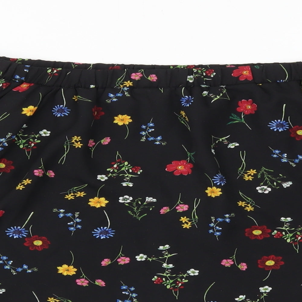 Papaya Womens Black Floral Polyester Basic T-Shirt Size 12 Off the Shoulder