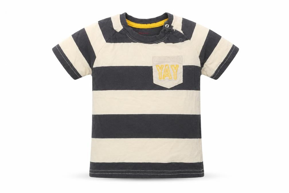 Front view of Primark boys’ multicoloured striped cotton basic t-shirt, size 6-9, months crew neck - yay