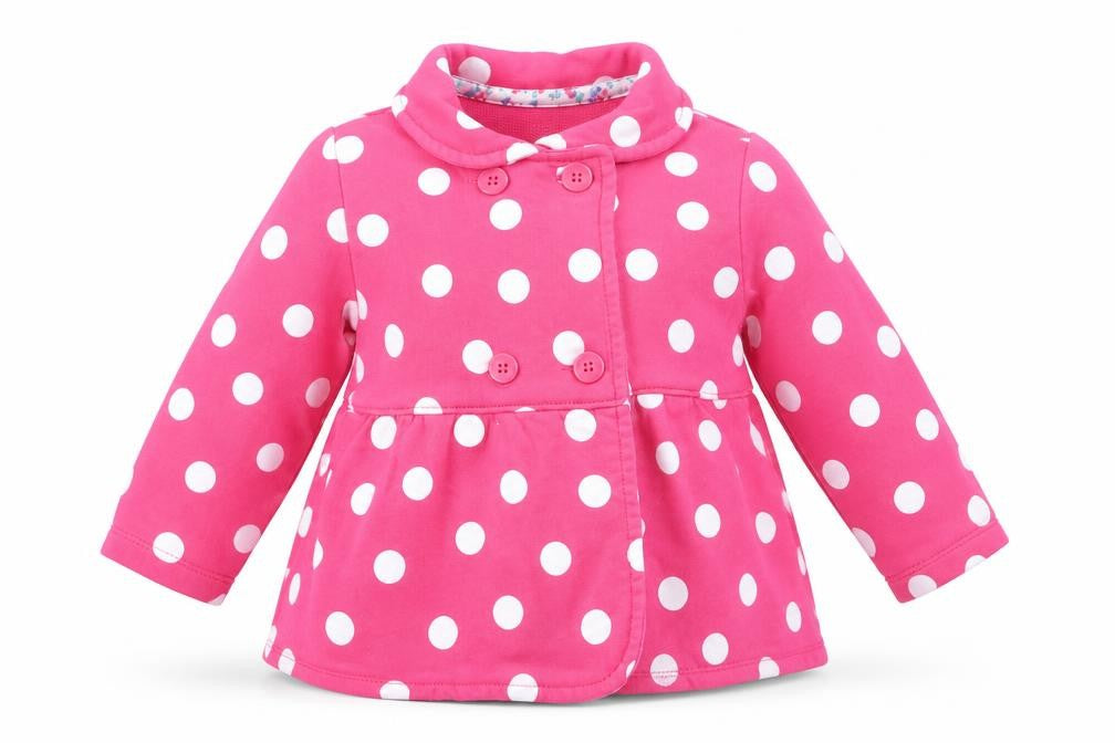 Front view of Carter's girls’ pink polka dot overcoat coat, size 18, months button - white polka dots