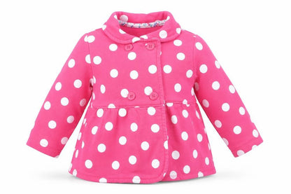 Front view of Carter's girls’ pink polka dot overcoat coat, size 18, months button - white polka dots