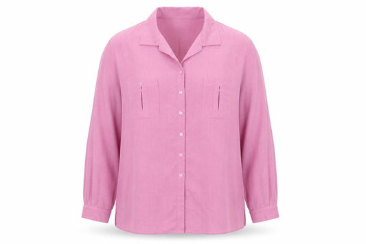 Front view of Berkertex women’s pink polyester basic button-up, size UK 24, collared - dusky pink trim to collar & pockets