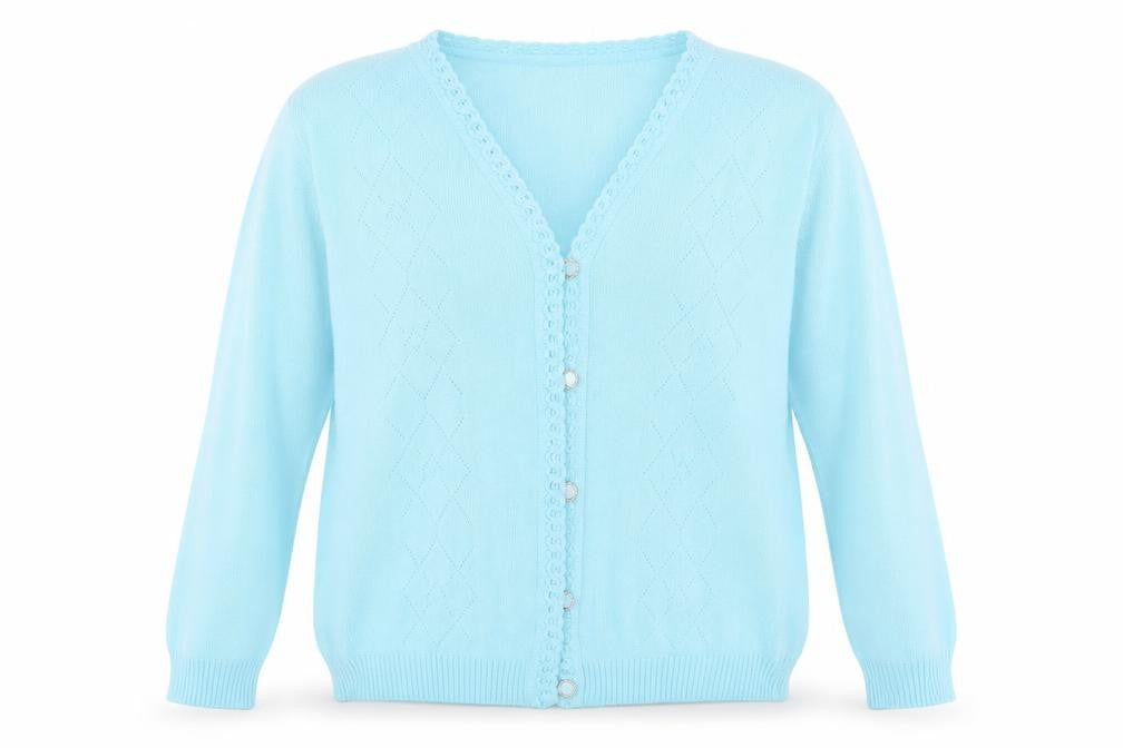 Front view of Merry Gold women’s blue round neck acrylic cardigan jumper, size M