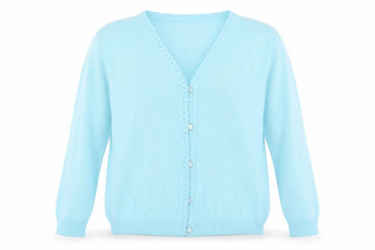 Front view of Merry Gold women’s blue round neck acrylic cardigan jumper, size M