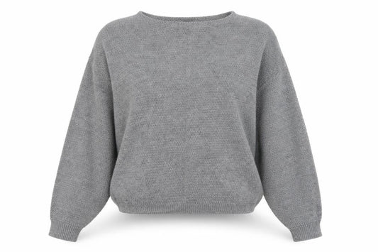 Front view of PRETTYLITTLETHING women’s grey round neck acrylic jumper, size M