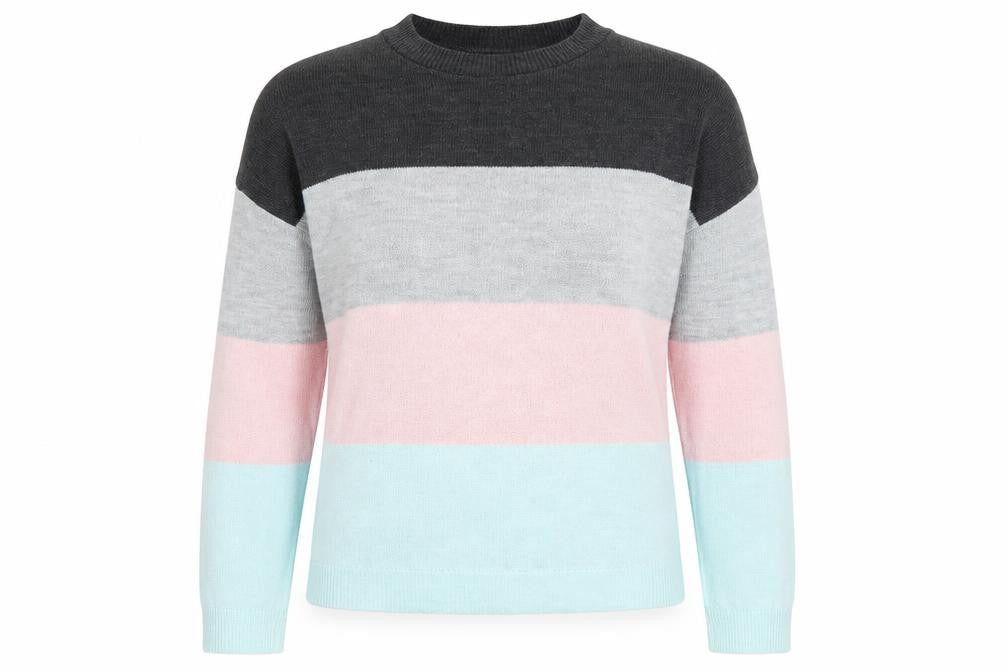 Front view of Rokoko women’s grey round neck acrylic jumper, size S