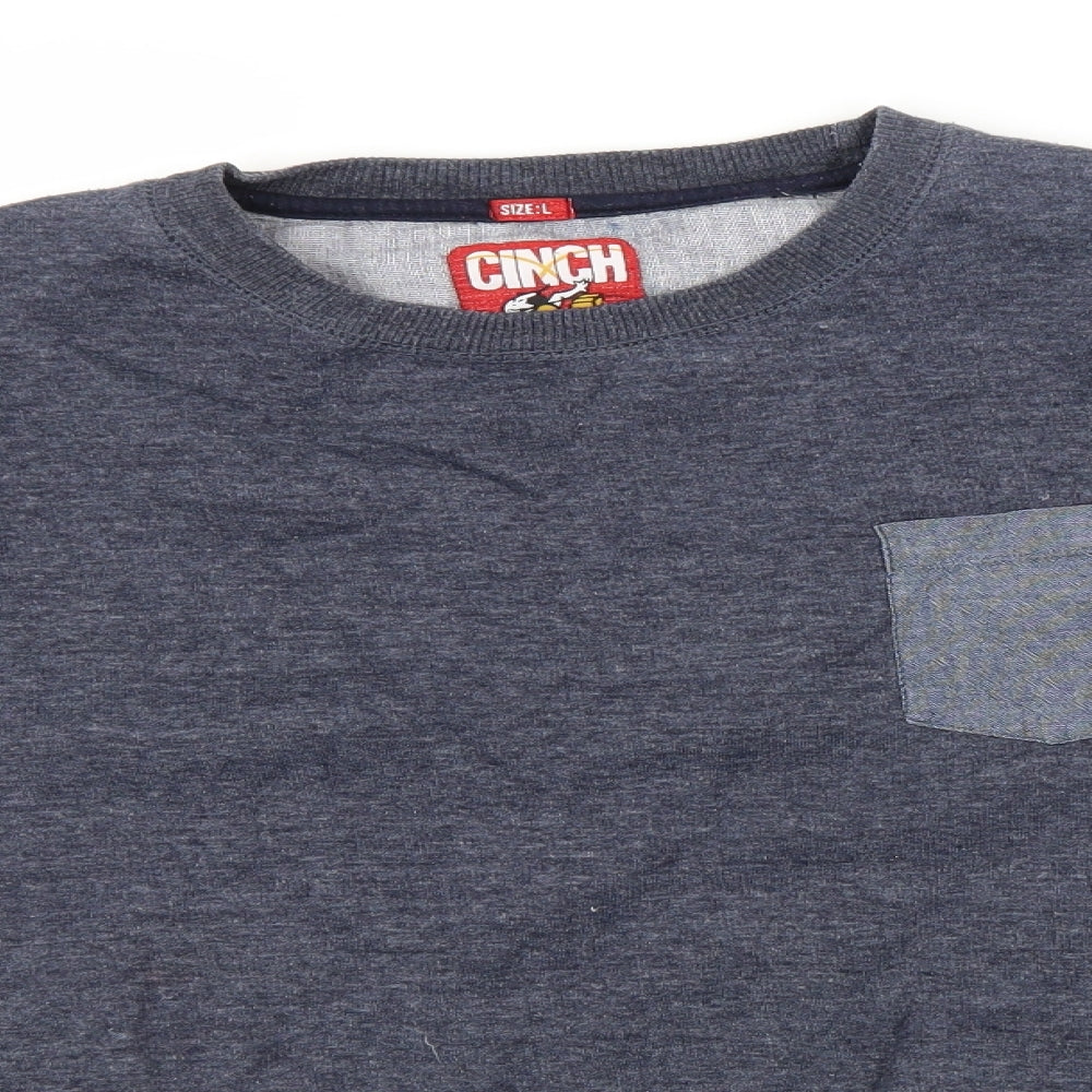 Close-up detail of Cinch men’s blue round neck polyester jumper, size L