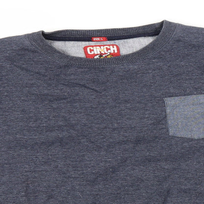Close-up detail of Cinch men’s blue round neck polyester jumper, size L
