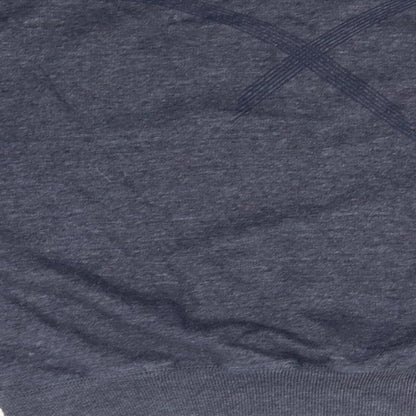 Brand and care label for Cinch men’s blue round neck polyester jumper, size L