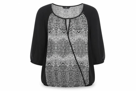 Front view of Arcadia women’s black animal print polyester basic blouse, size UK 16, round neck