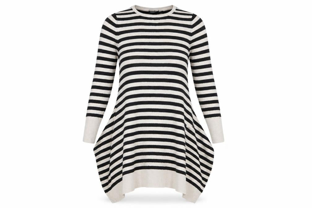 Front view of Atmosphere women’s black striped viscose t-shirt dress, size UK 8, round neck
