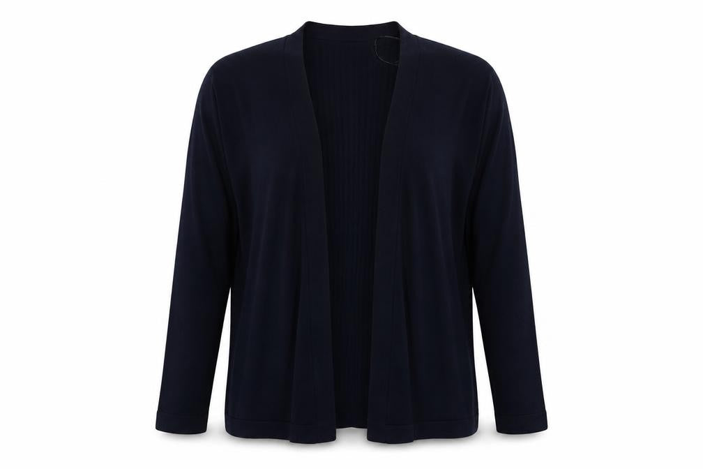 Front view of Bonmarché women’s blue v-neck viscose cardigan jumper, size UK 14