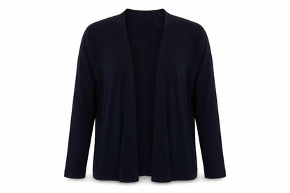 Front view of Bonmarché women’s blue v-neck viscose cardigan jumper, size UK 14