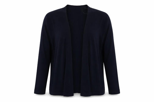 Front view of Bonmarché women’s blue v-neck viscose cardigan jumper, size UK 14
