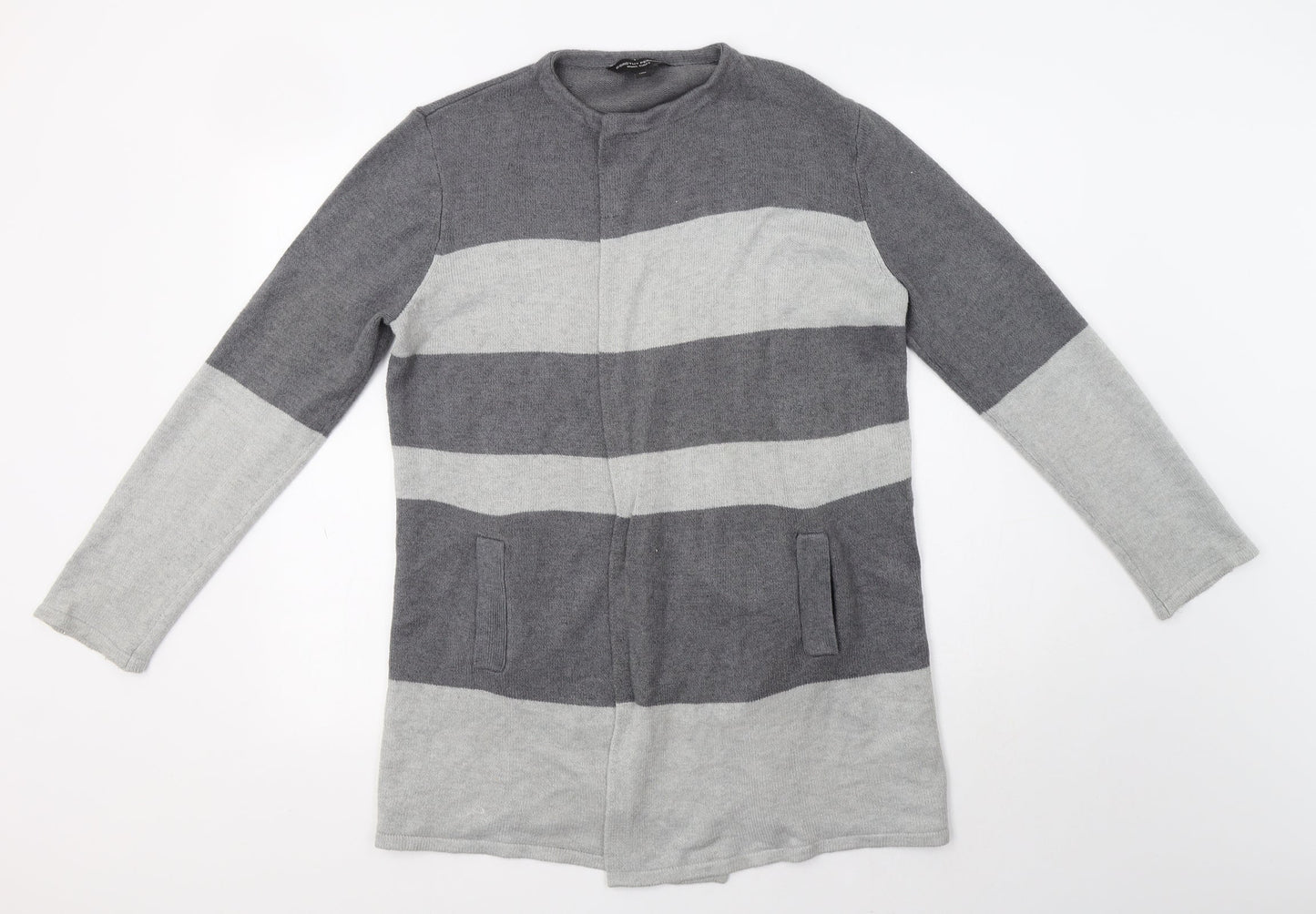 Dorothy Perkins Womens Grey Round Neck Striped Acrylic Cardigan Jumper Size S