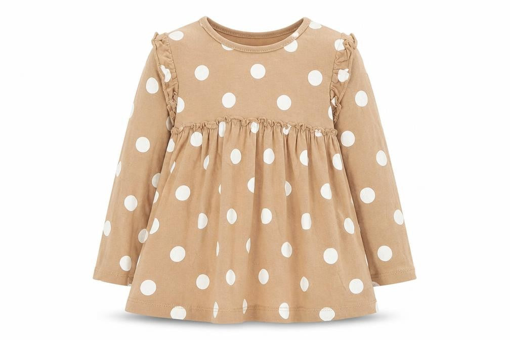 Front view of George girls’ brown polka dot cotton shift, size 2-3, years round neck