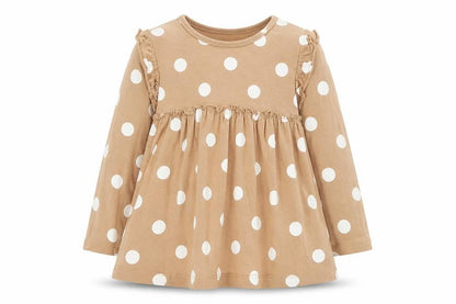 Front view of George girls’ brown polka dot cotton shift, size 2-3, years round neck