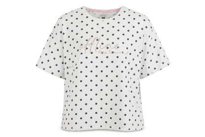 Front view of F&F women’s white polka dot cotton top pyjama top, size UK 12