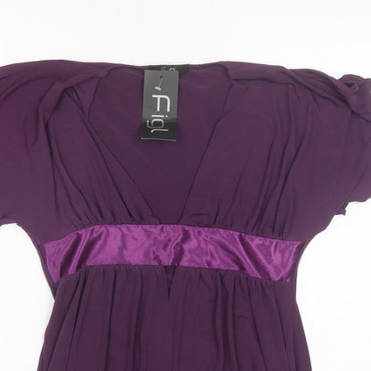 Close-up detail of Figl women’s purple polyester basic blouse, size UK 10, v-neck