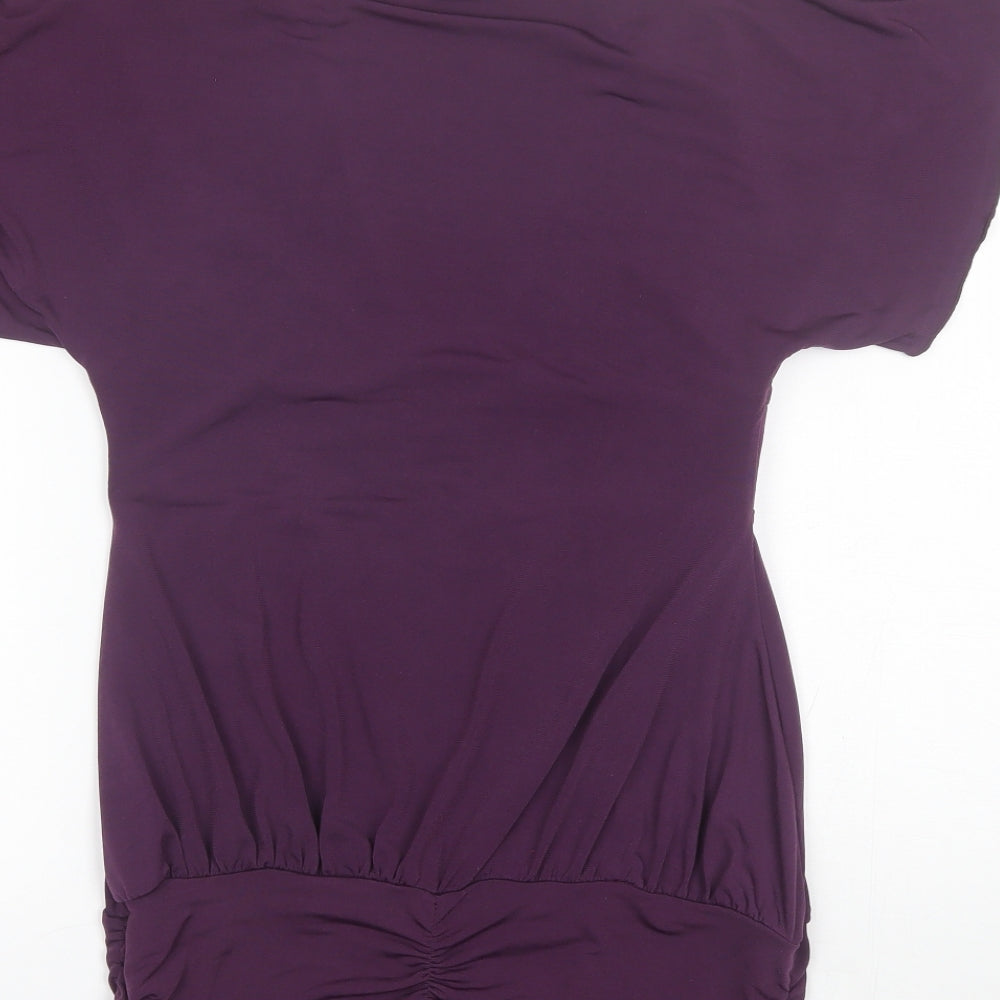 Brand and care label for Figl women’s purple polyester basic blouse, size UK 10, v-neck