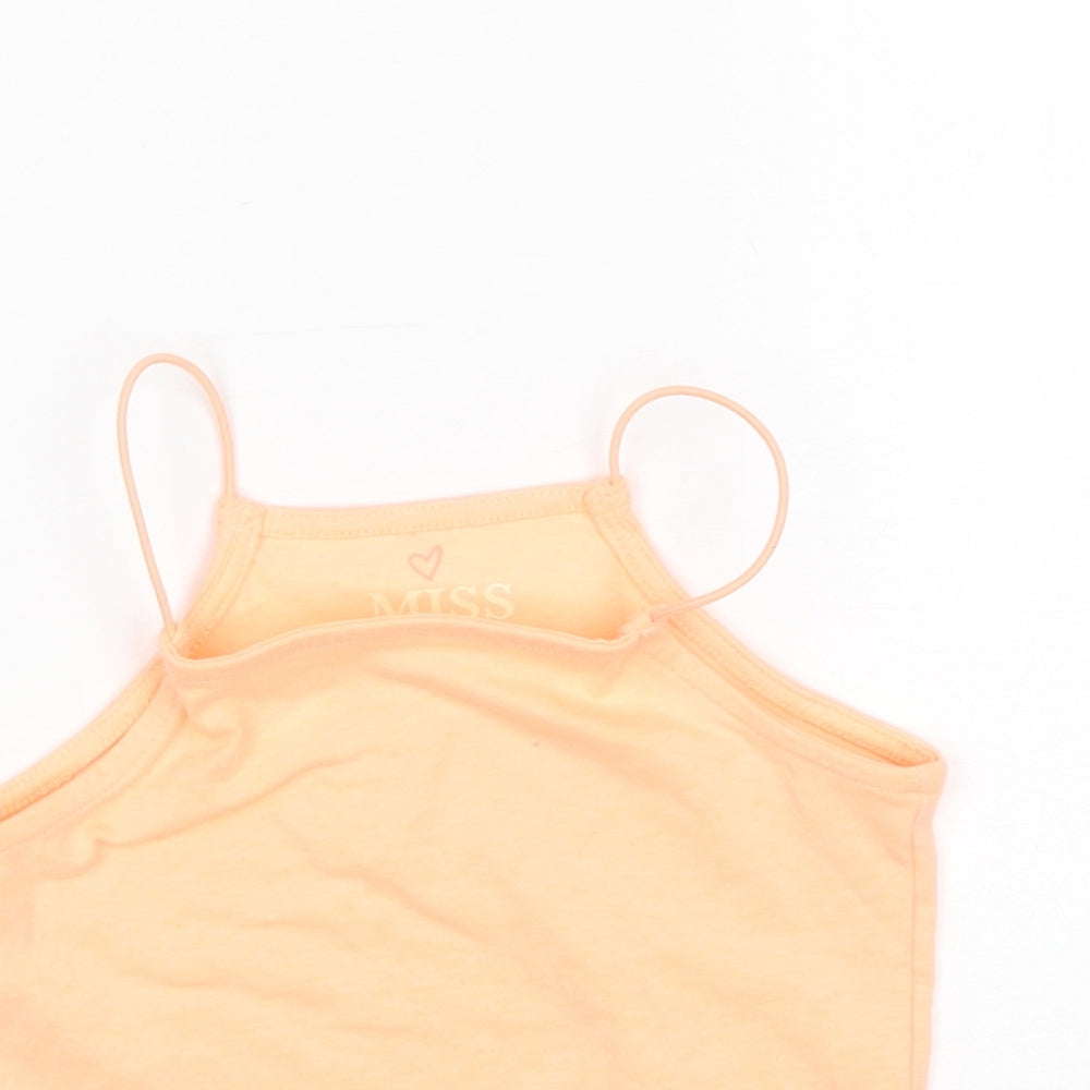 Close-up detail of Miss E-Vie girls’ orange polyester basic tank, size 7-8, years square neck