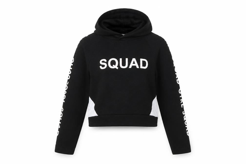 Front view of YD girls’ black polyester pullover hoodie, size 10-11, years - girl squad