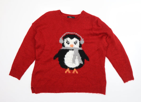 BM Mens Red Round Neck  Acrylic Pullover Jumper Size M   - Christmas Penguin
