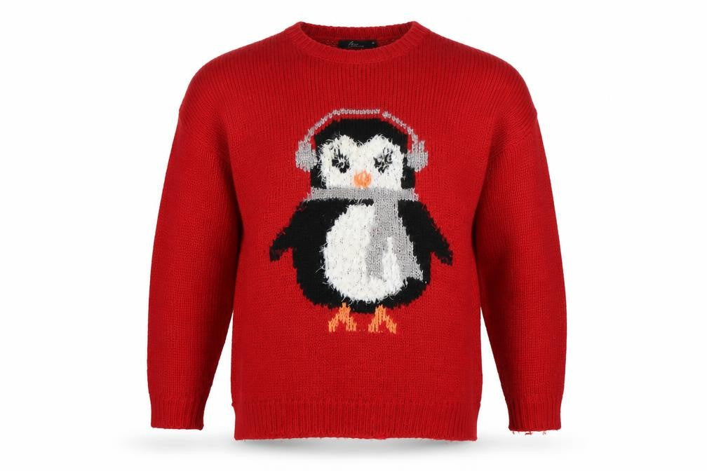 Front view of Bonmarché men’s red round neck acrylic jumper, size M, - christmas penguin
