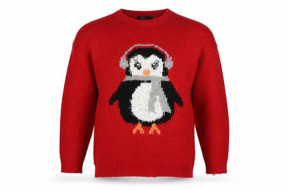 Front view of Bonmarché men’s red round neck acrylic jumper, size M, - christmas penguin