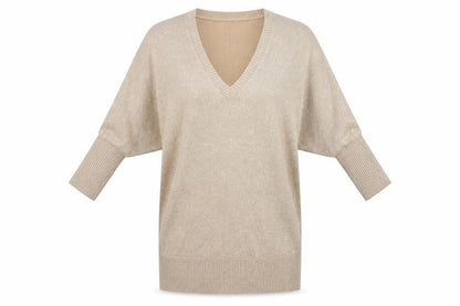Front view of MNH women’s beige v-neck viscose jumper, size S