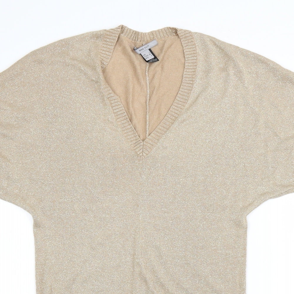 Close-up detail of MNH women’s beige v-neck viscose jumper, size S