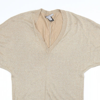 Close-up detail of MNH women’s beige v-neck viscose jumper, size S