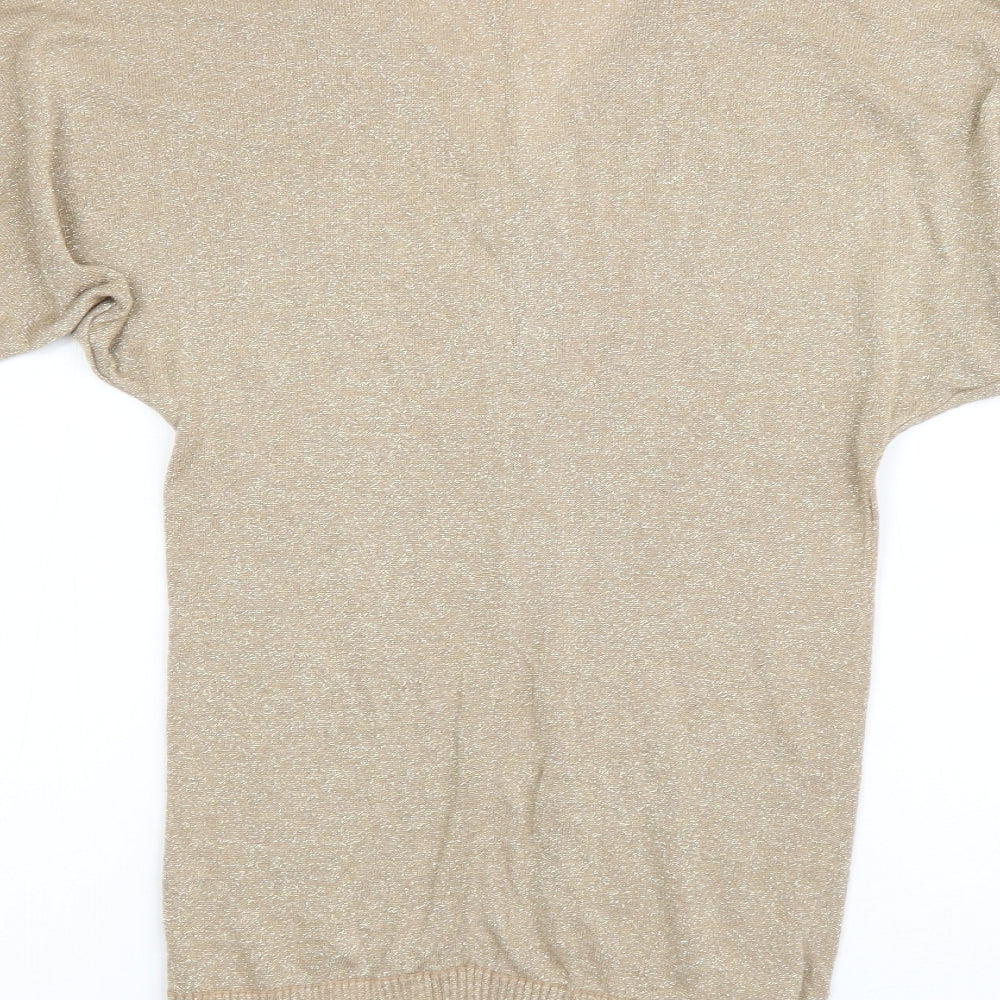 Brand and care label for MNH women’s beige v-neck viscose jumper, size S