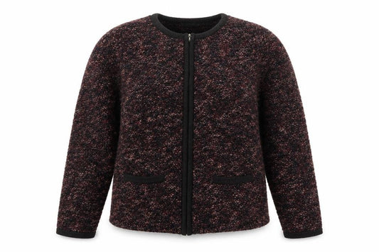 Front view of Marks & Spencer women’s red round neck acrylic full zip jumper, size UK 12