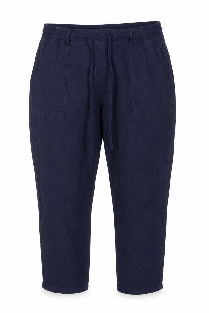 Front view of Marks & Spencer women’s blue viscose bloomer trousers, size UK 14, 27-inch leg regular